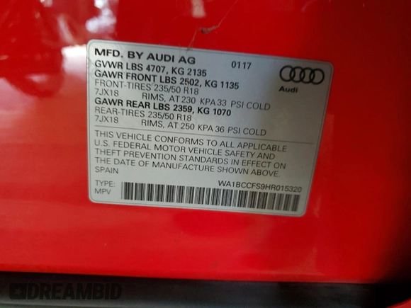 2017 Audi Q3 Premium with VIN WA1BCCFS9HR015320, listed as a Copart auction lot 45401535 with 154,275 mi miles and Clean Title. Bid and sale history available at carsss.com. Image 13.