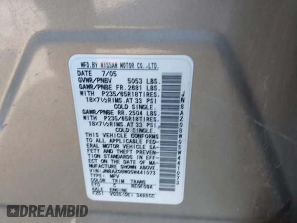 2005 Nissan Murano SL z VIN JN8AZ08W05W441073, wystawiony jako IAAI lot #41344637 z przebiegiem 195 597 mil mil oraz . Historia ofert i sprzedaży dostępna na DreamBid. Obrazek 9.