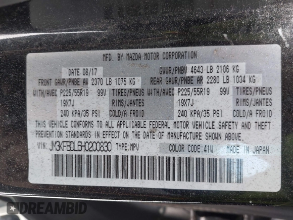 2017 Mazda CX-5 Grand Touring with VIN JM3KFBDL6H0200830, listed as a IAAI auction lot 42005145 with 90,510 mi miles. Bid and sale history available at carsss.com. Image 9.