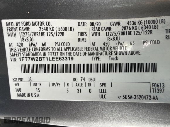 2020 Ford F-250 XL z VIN 1FT7W2BT1LEE63319, wystawiony jako Copart lot #57185135 z przebiegiem 14 660 mil mil oraz Szkoda całkowita • Salvage title. Historia ofert i sprzedaży dostępna na DreamBid. Obrazek 10.