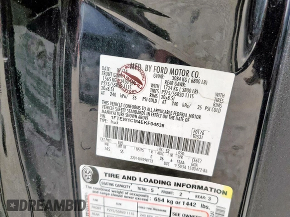 2014 Ford F-150 XL с VIN 1FTEW1CM4EKF04538, выставлен на аукционе Copart как лот 57636265 с пробегом 195 730 миль миль и Списание • Salvage title. История ставок и продаж доступна на DreamBid. Изображение 12.