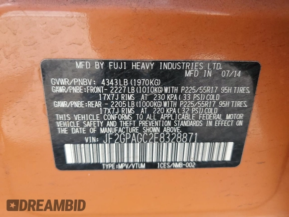 2014 Subaru Crosstrek Limited z VIN JF2GPAGC2E8328871, wystawiony jako Copart lot #57359255 z przebiegiem 187 168 mil mil oraz Czysty tytuł • Clean title. Historia ofert i sprzedaży dostępna na DreamBid. Obrazek 13.