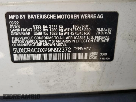 2023 BMW X5 sDrive40i with VIN 5UXCR4C0XP9N92372, listed as a Copart auction lot 63607755 with 53,159 mi miles and Salvage title. Bid and sale history available at DreamBid. Image 14.