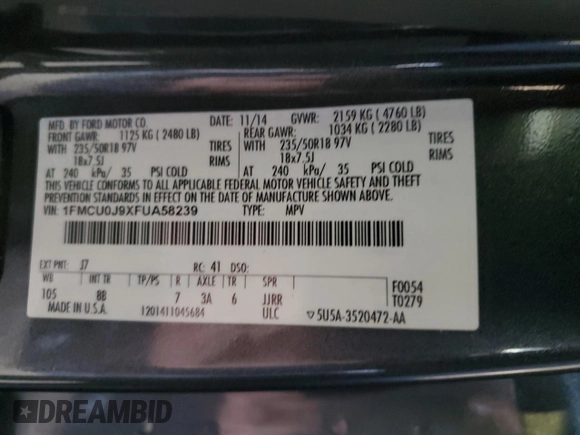 2015 Ford Escape Titanium with VIN 1FMCU0J9XFUA58239, listed as a Copart auction lot 46153395 with 114,240 mi miles and Salvage Title. Bid and sale history available at carsss.com. Image 13.