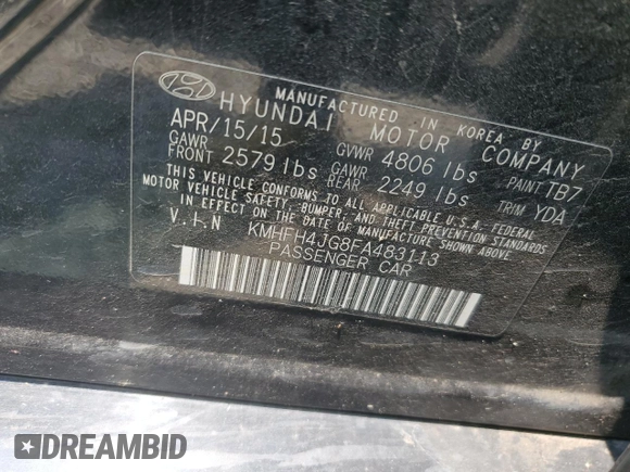2015 Hyundai Azera Limited с VIN KMHFH4JG8FA483113, выставлен на аукционе Copart как лот 58173345 с пробегом 157 595 миль миль и Списание • Salvage title. История ставок и продаж доступна на DreamBid. Изображение 12.