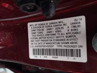 2014 Honda Civic Sedan EX-L with VIN 2HGFB2F92EH525037, listed as a IAAI auction lot 41914340 with 57,927 mi miles. Bid and sale history available at carsss.com. Image 9.