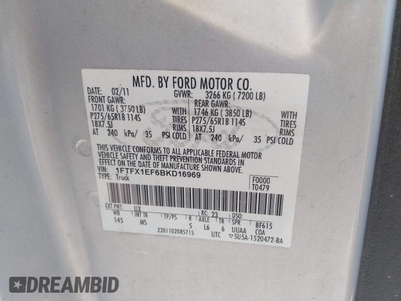 2011 Ford F-150 XL with VIN 1FTFX1EF6BKD16969, listed as a IAAI auction lot 42566063 with 360,315 mi miles and . Bid and sale history available at DreamBid. Image 9.