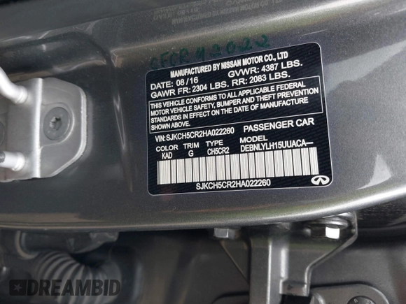 2017 Infiniti QX30 Premium z VIN SJKCH5CR2HA022260, wystawiony jako IAAI lot #42067553 z przebiegiem 85 301 mil mil oraz . Historia ofert i sprzedaży dostępna na DreamBid. Obrazek 9.