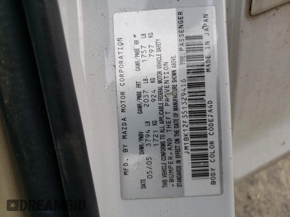 2005 Mazda 3 i with VIN JM1BK12F351329416, listed as a Copart auction lot 51679995 with 165,889 mi miles and Salvage Title. Bid and sale history available at DreamBid. Image 12.
