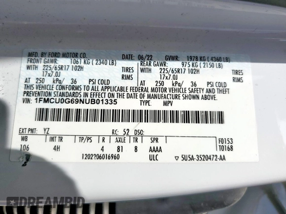 2022 Ford Escape SE with VIN 1FMCU0G69NUB01335, listed as a Copart auction lot 59673635 with 127,878 mi miles and Salvage title. Bid and sale history available at DreamBid. Image 13.