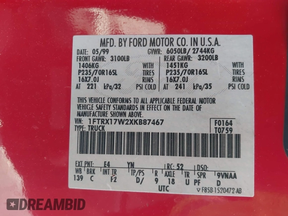 1999 Ford F-150 с VIN 1FTRX17W2XKB87467, выставлен на аукционе IAAI как лот 42308152 с пробегом 243 901 миль миль и . История ставок и продаж доступна на DreamBid. Изображение 9.