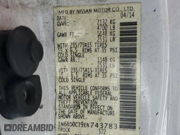 2014 Nissan Frontier S with VIN 1N6BD0CT9EN743783, listed as a Copart auction lot 56955495 with 172,506 mi miles and Clean title. Bid and sale history available at DreamBid. Image 12.