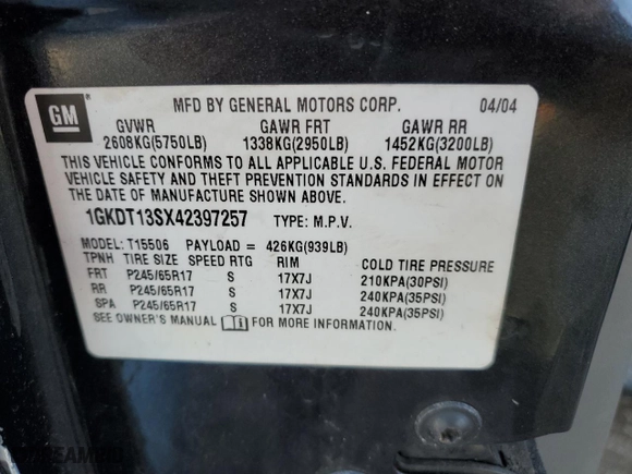 2004 GMC Envoy SLE with VIN 1GKDT13SX42397257, listed as a Copart auction lot 43580615 with 189,759 mi miles and Salvage Title. Bid and sale history available at carsss.com. Image 14.