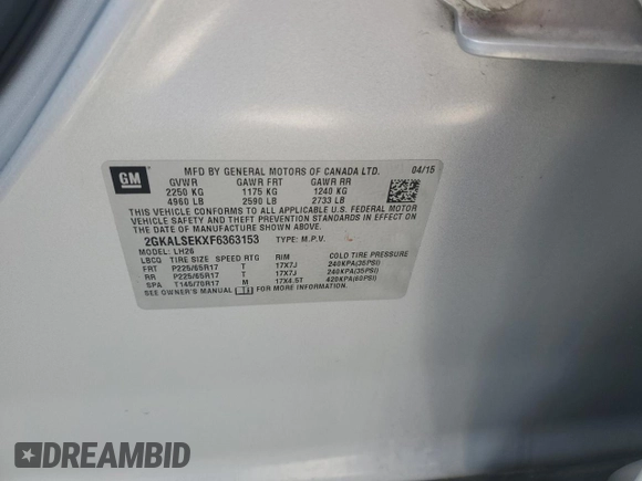 2015 GMC Terrain SLT with VIN 2GKALSEKXF6363153, listed as a Copart auction lot 58390835 with 119,476 mi miles and Salvage title. Bid and sale history available at DreamBid. Image 13.