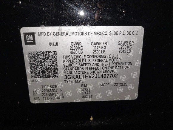 2018 GMC Terrain SLE with VIN 3GKALTEV2JL407702, listed as a IAAI auction lot 41803542 with 1 mi miles. Bid and sale history available at carsss.com. Image 9.