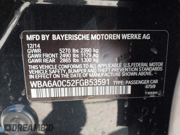 2015 BMW 6 Series 640i with VIN WBA6A0C52FGB53591, listed as a IAAI auction lot 41247695 with 81,828 mi miles and . Bid and sale history available at DreamBid. Image 9.