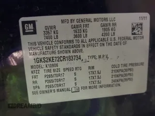 2012 GMC Yukon XL SLT with VIN 1GKS2KE72CR183734, listed as a IAAI auction lot 41116939 with 1 mi miles. Bid and sale history available at carsss.com. Image 9.