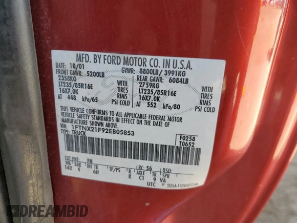 2002 Ford Super Duty F-250 XL with VIN 1FTNX21F92EB05853, listed as a Copart auction lot 71484314 with 0 mi miles and Salvage Title. Bid and sale history available at carsss.com. Image 12.
