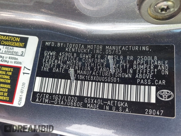 2013 Toyota Avalon XLE with VIN 4T1BK1EBXDU050501, listed as a IAAI auction lot 42057922 with 147,072 mi miles and . Bid and sale history available at DreamBid. Image 9.