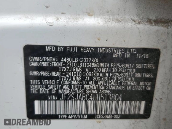 2017 Subaru Forester with VIN JF2SJABC4HH513804, listed as a Copart auction lot 65090905 with 131,133 mi miles and Clean title. Bid and sale history available at DreamBid. Image 13.