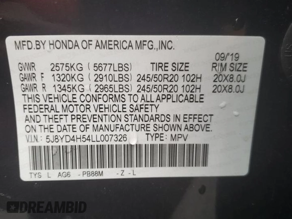 2020 Acura MDX w/Technology Pkg with VIN 5J8YD4H54LL007326, listed as a Copart auction lot 70272723 with 49,488 mi miles. Bid and sale history available at carsss.com. Image 13.