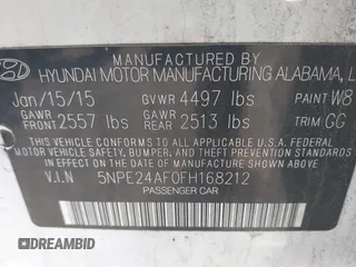 2015 Hyundai Sonata SE with VIN 5NPE24AF0FH168212, listed as a IAAI auction lot 41750301 with 253,433 mi miles and . Bid and sale history available at DreamBid. Image 9.