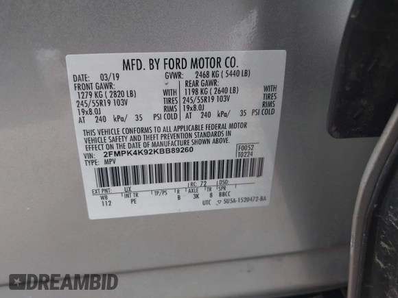 2019 Ford Edge Titanium with VIN 2FMPK4K92KBB89260, listed as a IAAI auction lot 41885743 with 80,001 mi miles. Bid and sale history available at carsss.com. Image 9.
