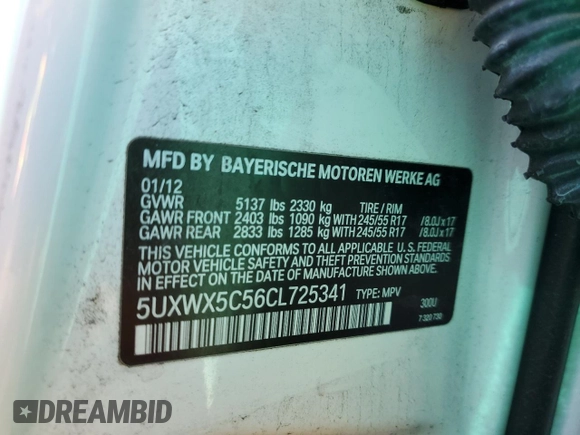 2012 BMW X3 28i with VIN 5UXWX5C56CL725341, listed as a Copart auction lot 52649105 with 97,855 mi miles and Salvage Title. Bid and sale history available at DreamBid. Image 14.