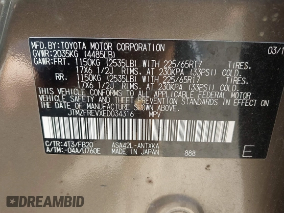 2014 Toyota RAV4 LE with VIN JTMZFREVXED034316, listed as a IAAI auction lot 42610135 with 214,871 mi miles and . Bid and sale history available at DreamBid. Image 9.