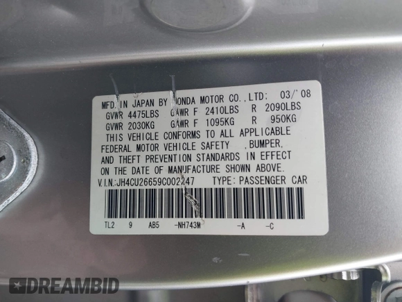 2009 Acura TSX with VIN JH4CU26659C002247, listed as a IAAI auction lot 42522806 with 94,242 mi miles and . Bid and sale history available at DreamBid. Image 9.