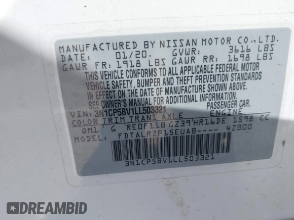 2020 Nissan Kicks S with VIN 3N1CP5BV1LL503321, listed as a IAAI auction lot 41872674 with 64,843 mi miles and . Bid and sale history available at carsss.com. Image 9.