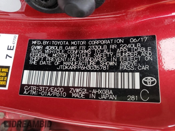 2017 Toyota Prius Plus with VIN JTDKARFP6H3035781, listed as a Copart auction lot 61357615 with 84,073 mi miles and Salvage title. Bid and sale history available at DreamBid. Image 12.