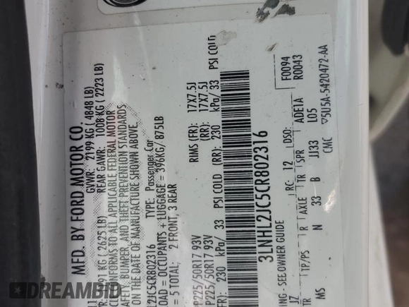 2012 Lincoln MKZ with VIN 3LNHL2JC5CR802316, listed as a Copart auction lot 60153365 with Not provided miles and Salvage title. Bid and sale history available at DreamBid. Image 13.