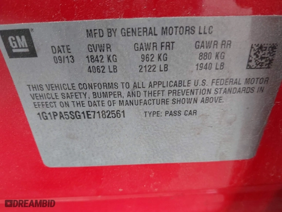 2014 Chevrolet Cruze LS with VIN 1G1PA5SG1E7182561, listed as a IAAI auction lot 41818810 with 162,415 mi miles. Bid and sale history available at carsss.com. Image 9.
