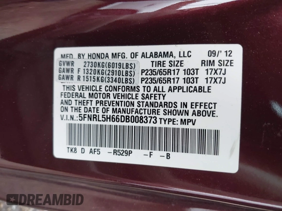 2013 Honda Odyssey EX-L с VIN 5FNRL5H66DB008373, выставлен на аукционе IAAI как лот 42184055 с пробегом 85 160 миль миль и . История ставок и продаж доступна на DreamBid. Изображение 9.