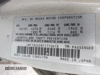 2001 Mazda Millenia S z VIN JM1TA222811710618, wystawiony jako IAAI lot #42292915 z przebiegiem 69 444 mil mil oraz . Historia ofert i sprzedaży dostępna na DreamBid. Obrazek 9.