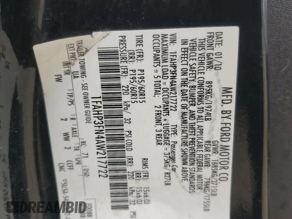 2010 Ford Focus SE with VIN 1FAHP3FN4AW217722, listed as a Copart auction lot 54393865 with 229,688 mi miles and Salvage Title. Bid and sale history available at DreamBid. Image 12.