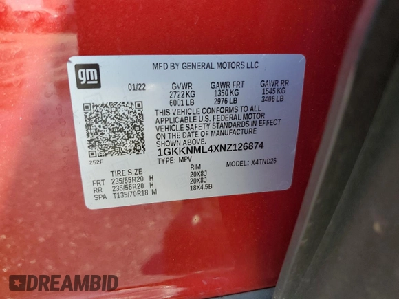 2022 GMC Acadia SLT z VIN 1GKKNML4XNZ126874, wystawiony jako Copart lot #69262974 z przebiegiem Nie podano mil oraz Nie do naprawy • Non repairable. Historia ofert i sprzedaży dostępna na DreamBid. Obrazek 13.