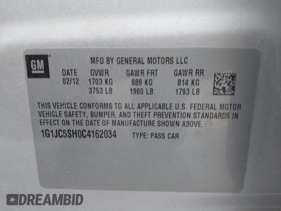 2012 Chevrolet Sonic LT with VIN 1G1JC5SH0C4162034, listed as a IAAI auction lot 41967195 with 87,086 mi miles and . Bid and sale history available at DreamBid. Image 9.