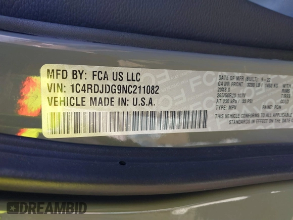 2022 Dodge Durango GT with VIN 1C4RDJDG9NC211082, listed as a IAAI auction lot 41211564 with 28,223 mi miles and . Bid and sale history available at DreamBid. Image 9.