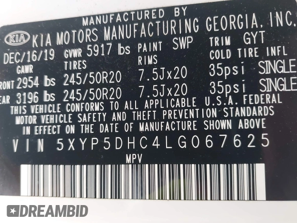 2020 Kia Telluride SX with VIN 5XYP5DHC4LG067625, listed as a IAAI auction lot 42302019 with 134,266 mi miles and . Bid and sale history available at DreamBid. Image 9.