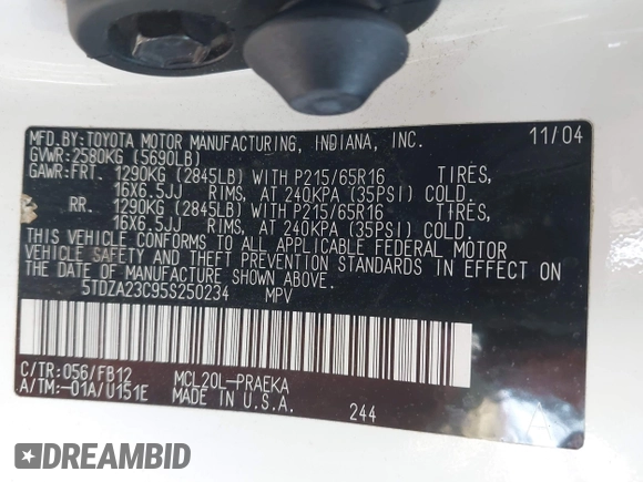 2005 Toyota Sienna CE with VIN 5TDZA23C95S250234, listed as a IAAI auction lot 42154077 with 255,330 mi miles and . Bid and sale history available at DreamBid. Image 9.