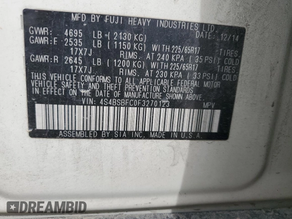 2015 Subaru Outback Premium with VIN 4S4BSBFC0F3270123, listed as a Copart auction lot 52386865 with 156,431 mi miles and Salvage title. Bid and sale history available at DreamBid. Image 15.