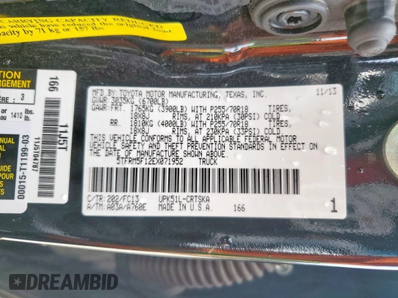 2014 Toyota Tundra SR с VIN 5TFRM5F12EX071952, выставлен на аукционе Copart как лот 57252215 с пробегом 143 706 миль миль и Списание • Salvage title. История ставок и продаж доступна на DreamBid. Изображение 12.