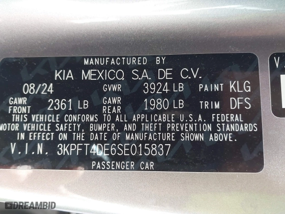 2025 Kia K4 LXS with VIN 3KPFT4DE6SE015837, listed as a IAAI auction lot 41817178 with 6,286 mi miles. Bid and sale history available at carsss.com. Image 9.