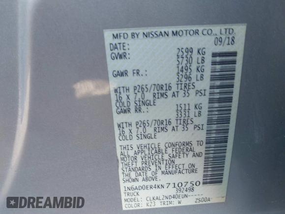 2019 Nissan Frontier SV with VIN 1N6AD0ER4KN710750, listed as a IAAI auction lot 41407759 with 142,207 mi miles and . Bid and sale history available at DreamBid. Image 9.