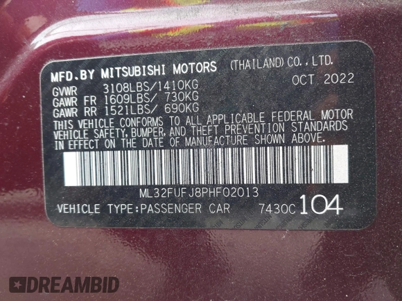 2023 Mitsubishi Mirage G4 ES with VIN ML32FUFJ8PHF02013, listed as a IAAI auction lot 41710732 with 21,919 mi miles. Bid and sale history available at carsss.com. Image 9.