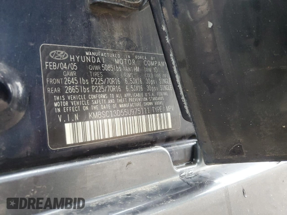 2005 Hyundai Santa Fe GLS with VIN KM8SC13D55U975111, listed as a Copart auction lot 57801515 with 126,220 mi miles and Salvage title. Bid and sale history available at DreamBid. Image 12.