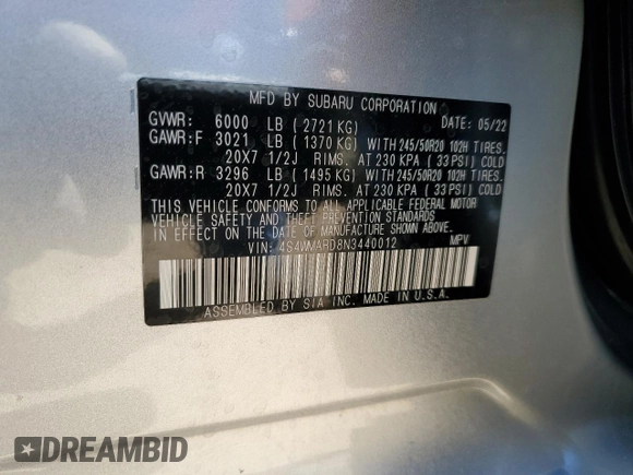 2022 Subaru Ascent Touring с VIN 4S4WMARD8N3440012, выставлен на аукционе Copart как лот 57577725 с пробегом 23 549 миль миль и Списание • Salvage title. История ставок и продаж доступна на DreamBid. Изображение 13.