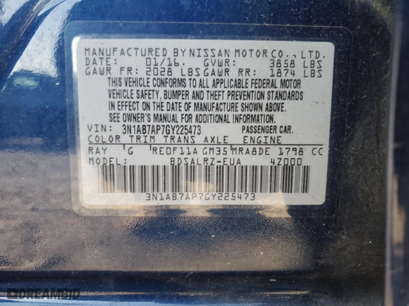 2016 Nissan Sentra SR with VIN 3N1AB7AP7GY225473, listed as a Copart auction lot 52875035 with 95,626 mi miles and Salvage Title. Bid and sale history available at carsss.com. Image 15.